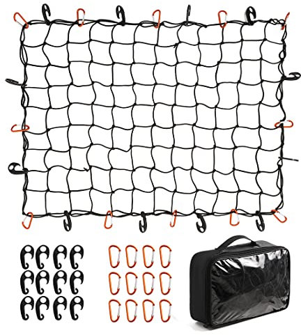CZC AUTO Bungee Cargo Net 91x122cm Truck Bed Net Stretches to 183x244cm for Pickup Trailer RV SUV Boat |7.6x7.6cm Mesh Net Holds Small and Large|12 Tangle Free Carabiners & 12 Plastic Hooks|Super Duty
