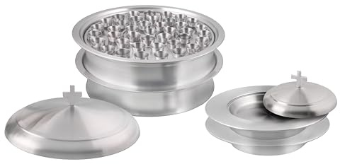 Mayur Exports Kommuniongeschirr-Kirchenset | Stapelbar, 2 Kommuniontabletts mit Deckel und 2 Brotteller mit Deckel, 80 Becher enthalten | Ideal für Kirchen | Edelstahl – Satiniertes (mattes) Finish
