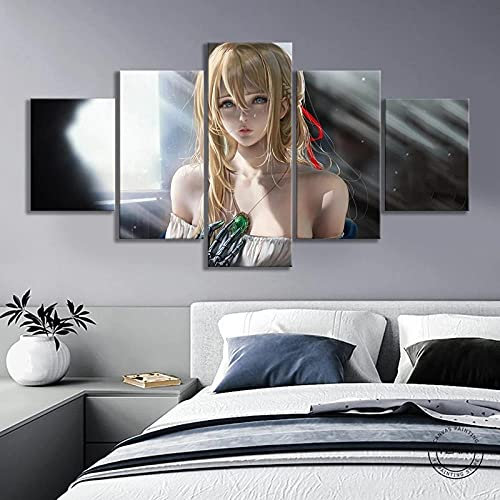 Wondbeau Leinwanddrucke Modulare Wandkunst Wandaufkleber 5 Teiliges Wandbild Druck auf Leinwand Malerei Moderne Abstrakte Poster Mit Rahmen L/150cm×80cm Anime-Mädchen,Violet Evergarden