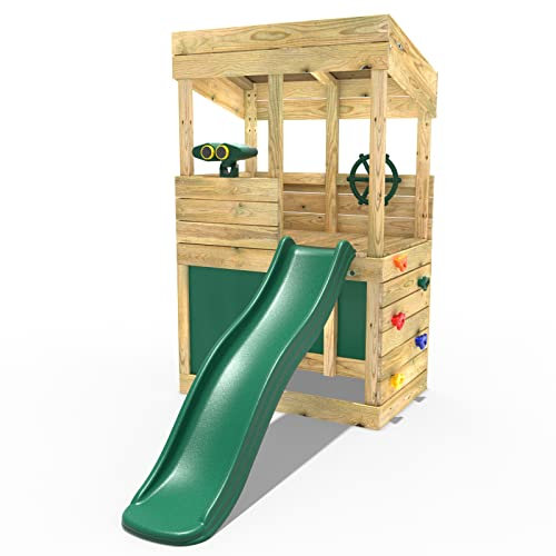 Rebo® Children's Wooden Lookout Tower Playhouse with 6ft Slide | OutdoorToys | Secret Den, Climbing Wall, either Binoculars or Telescope & Steering Wheel - Perfect for Gardens