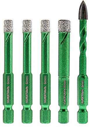 KURSTOL Punte Trapano per Gres Porcellanato - 4 Pezzi 6/6/6/8mm Punte Diamantate+1 Pezzo 6mm Punta in Carburo con Gambo Esagonale a Cambio Rapido per Porcellana Piastrelle Ceramica Marmo Granito