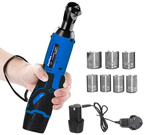 Akku-Ratschenschrauber 12V Elektrischer Ratschenschlüssel 3/8 Zoll mit 2 x 1500mAh Akkus und 7 Steckdosen, 40Nm Akku Ratschenschlüssel - LED Leicht, Vorwärts und Rückwärts Funktion