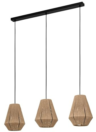 EGLO Pendelleuchte Esstisch Alderney, 3-flammige Hängelampe für Wohnzimmer und Esszimmer, Textil Esszimmerlampe aus Hanf in Natur und Metall in schwarz, Lampe hängend mit E27 Fassung