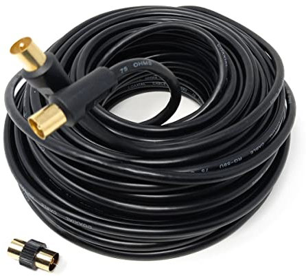 DRUT 30m TV RF Male to Male Aerial Antenna Coaxial Cable With Female to Female Coupler Gold Connectors 75 ohm 3C2V 99ft Black