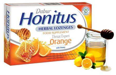 Dabur Honitus Herbal Orange Flavor - 24 Lozenges | Effective Relief from Cough & Sore Throat Pain