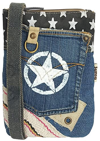 Sunsa Damen Umhängetasche. Kleine Nachhaltige Crossbody Jeanstasche, blau | Recycelte Jeans & Baumwolle Vegane Tasche. Mini Crossover Bag mit mehreren Fächern. Schultertasche als Geschenk für Frauen