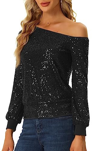 Allegra K Chemisier à Paillettes Femme Blouse à Sequin à Épaules Dénudées à Manches Longues Top Brillant de Club Haut Scintillant de Soirée Noir L