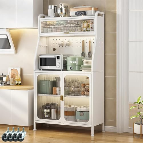 YOIZO Bäckerregal Stehende 86cm, Bäckergestelle Küchenmöbel, 5-stöckiges Küchenregal, Mikrowellenregal, Küchenbackständer Arbeitsplatz mit Ablagefläche, mit Türen Weiß (86x36x162cm)