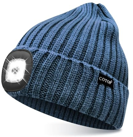 COTOP Mütze mit Led Licht, Unisex Warm Strickmütze Winter, Geschenke für Männer oder Angler, Mützen mit Stirnlampen für Joggen, Wandern, Laufen, Radfahren
