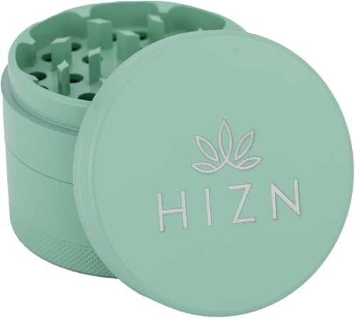 HIZN Keramik Grinder Ø 63 mm, 4-teilig, Nanokeramik-Beschichtung, antihaft, mit Feinsieb, Vorratsfach und Schaber (Mint)
