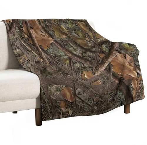 Forest Camouflage Flannel Blankets, Forest Camo Conifer Oak Branches Leaves Mossy Hunting Lodge Camp Cabin Theme Throw Bed Blanket for Sofa Chair Bed 40x50