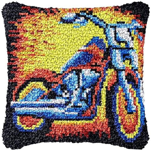 Motor Bike Latch Hook Kits Pillow DIY Rug Crochet Hook Cushion Making Kits with Preprinted Pattern Canvas DIY Handmade Home Sofa Christmas Cushion Kits Decor 43x43cm