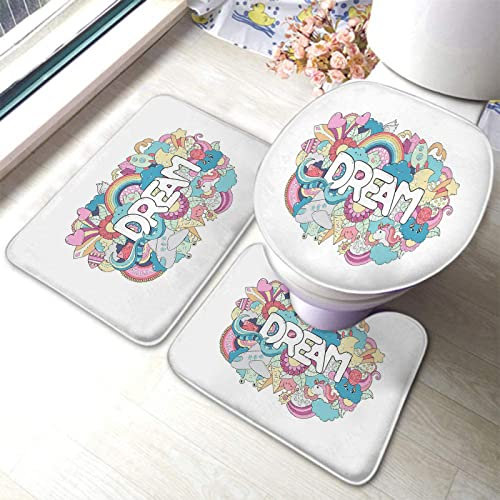 Alfombra De Baño De 3 Piezas Elementos Infantiles Estilo Dibujos Animados Coloridos Sueño Letras Ilustración Doodle Alfombras De Cama Imprimir Juego De Alfombrillas De Baño, para Dormitorio