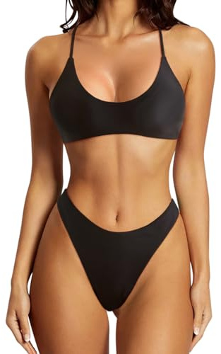 SUUKSESS Women Sexy High Waisted Thong Bikini Sets Reversible String Two Piece Swimsuits Push Up Bathing Suit(Black White,M)