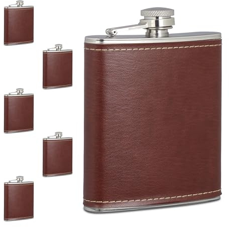 Relaxdays Flachmann 6er Set, 200 ml, Edelstahl Schnapsbehälter mit Kunstleder Hülle, kleine Taschenflasche, braun/Silber