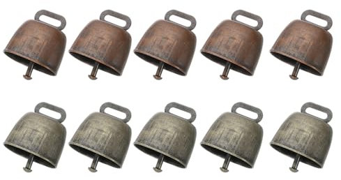 PATIKIL 1,4 x 2,4 x 1,4 Zoll Mini Kuhglocken, 10 Stück Eisen Vintage Metall Festliche Glocke, Kuhglocken Großhandel für Tier-Anti-Verlust, Rot Bronze 5 Stück & Grün Bronze 5 Stück