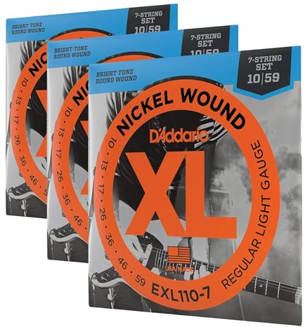 D'Addario E Gitarren Saiten | Gitarrensaiten E Gitarre | Saiten 7-saitige E-Gitarre | DER BELIEBTESTEN SAITENMARKE WELTWEIT | EXL110-7 | vernickelter Stahl | Regular Light (10-46) (Packung mit 3)