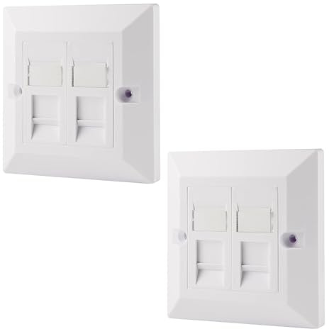 rhinocables CAT5e Ethernet Faceplate (2 Port, Pack of 2) | Double 2 & Quad 4 RJ45 Gang Wall Sockets, Simple CAT 5 Setup for Printers, VoIP, Phones & More