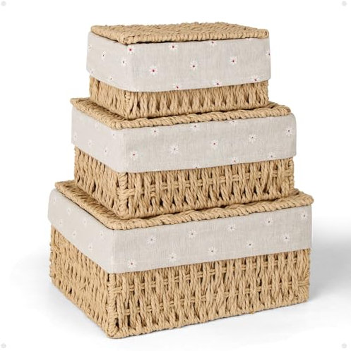 HUALIANG Aufbewahrungskorb 3 Stück Aufbewahrung Korb mit Deckel,Korb Geflochten aus Papierseil Boho-Decor Körbchen mit Futter,Multifunktionale Aufbewahrungsbox zum von Spielzeug Badezimmer Klopapier