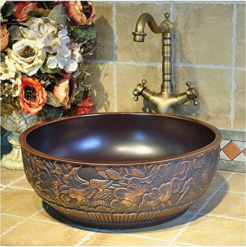 Lavabo da Appoggio in Ceramica Lavandino rotondo in ceramica per vasca da bagno, lavabo da appoggio artistico con motivo ad incisione vintage 41 * 41 * 15 cm, lavabo retrò per interni ed esterni per