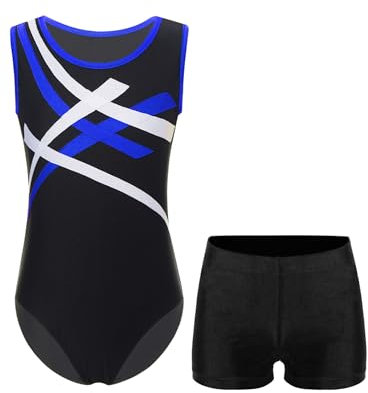 Yhong Jungen Gymnastik Trikot Kinder Turnanzug Ballettanzug Ärmellos Ballett Trikot Tanzbody mit Tanz shorts Tanzbekleidung Gym Sportwear Blau Schwarz 122-128