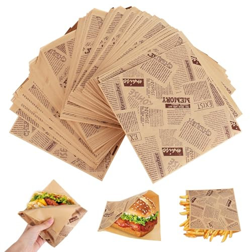 bssmmai 200 fogli di carta da forno effetto giornale, carta spessa per hamburger, carta per patatine fritte, pane burro, formaggio, torta, 15 x 15 cm