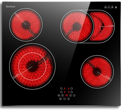 Karinear Ceramic Hob, Built-in Electric Hobs 59 cm with Oval Zone for Grill Pan Touch Control,Up to 99min Timer with Safe Lock,Pause, Heat Indicator Auto Shut-off Black Glass
