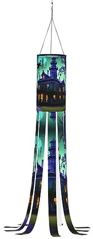 SABFWF Windsack mit Haunted Mansion Print, saisonaler Windsack, für Herbst, Winter, Thanksgiving, Outdoor und Geister-Thema, Windsack mit Stange, Schwarz