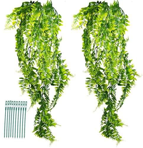 2 plantas artificiales de helecho para colgar en interiores y exteriores, con 10 lazos de color verde oscuro, para decoración del hogar, salón, jardín, dormitorio