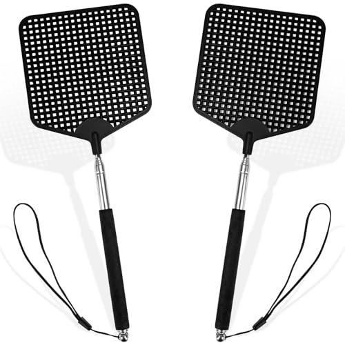 CONJURAIDE 2 Stück Fliegenklatsche Ausziehbar, Teleskop Fliegenklatsche Stabil Mosquito Swatter Fliegenklatsche Hand Fliege Schwarz Fenster Fliegenfalle Innenbereich für Flies Mücken Töten