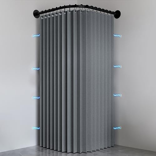 Haoyunll Faltbarer Anti Schimmel Duschvorhang, Grau, 150x200cm | Waschbarer Wasserdichter Eckduschvorhang aus Stoff mit Haken, Magnetische Duschvorhänge für Badezimmer, 150 g/m²