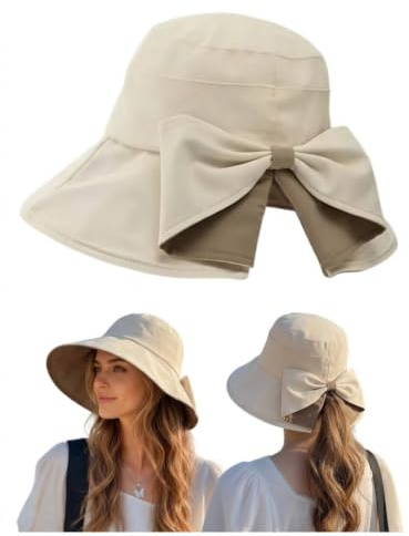 Qzkouma Chapeau de soleil à large bord pour femme UPF50+ UV pliable Chapeau de plage d'été avec nœud décoratif pour voyage