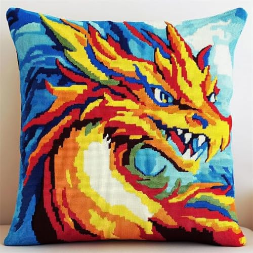 ANSIWEIGO Latch Hook Cushion Cover Kit,Animal Dragon,DIY Needlework Cross Stitch Embroidery Cushion Kit Handmade Set Latch Hook Craft Sofa Home Decor,43x43cm/17x17inch