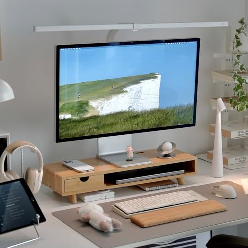 ROCDEER Bambio Monitorständer mit Schublade, ergonomischer Computertischständer mit Kabelmanagement & Aufbewahrungsorganizer, Holz Monitorständer fürs Home Office Bamboo Dual Monitor Regal