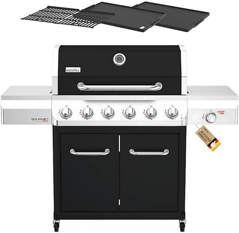 Nexgrill Gourmet Pro 6-Brenner Gasgrill mit Keramik-Seitenbrenner, Plancha Griddle-Max System, porzellanbeschichtetem Gusseisenrost & Edelstahlbrennern – Ideal für Garten, Balkon & BBQ-Events