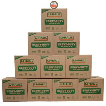11-Piece U-Haul Medium Heavy-Duty Double Wall Moving & Shipping Boxes - Pack of 10 Boxes with Handles - 18-1/8” x 18” x 16” (L x W x H) - 1 Bonus Roll of Tape