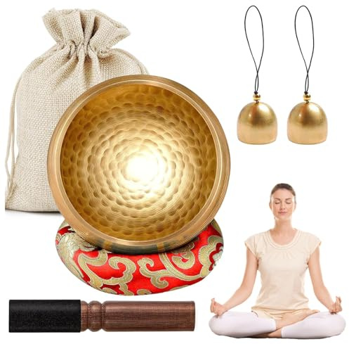 Tibetisches Klangschalen-Set, Meditationsklangschale aus Messing, 8,6 cm Durchmesser,wird mit hölzerner Klangschalenbasis,2 Messingglocken und einer Aufbewahrungstasche geliefert,für Yoga, Meditation