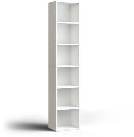 Nordivale Bücherregal Schmal, Bücherregal Weiß, Standregal, Modernes offenes Regal aus Holz, für Wohnzimmer, Schlafzimmer, Büro, Arbeitszimmer, 6 Ebenen