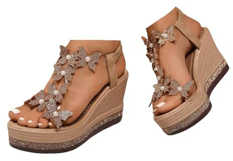 Xbemkste sandaler med kilklack damer platåsandaler höga klackar sandaler med glitter strass fjäril eleganta sommarsandaler för fest bröllop, kaki, 39 EU