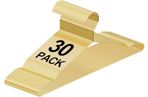 Metal Wire Clothes Hangers Bulk 30 Pack Gold, Heavy Duty Ultra Thin Space Saving Hangers with Non-Slip Notches, for Suits, Coats, Dresses, Shirts, Pants, Closet Organizer