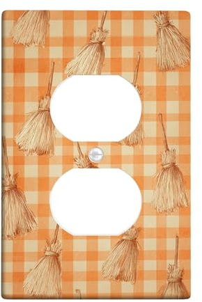 Harvest Broom Light Switch Cover Plate/Outlet Covers, Orange Checkered Design for Fall Decor, Thermoplastic Wall Plates, Standard Size Single Duplex Outlet