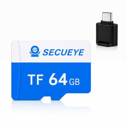 SECUEYE Carte mémoire TF 64 Go avec adaptateur de type C FAT32 Classe 10 haute vitesse de lecture/écriture 24h/24, 7j/7 pour caméra de sécurité, smartphone, tablette (64 Go + lecteur de carte)