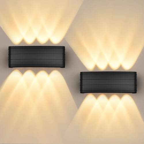 GeyouLux Lampada da Parete LED per Interni ed Esterni IP65, 8W Applique da Parete con 8 Sorgenti Luminose, 2700K Bianco Caldo, Lampada da Parete per Soggiorno Camera Scale Garage, Nero, 2 Confezioni