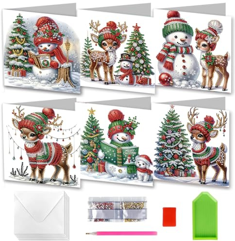 MEZHEN Diamond Painting Weihnachtskarten mit Umschlag Diamond Painting Karten 5D Diamant Grußkarte Weihnachten Grußkarten Weihnachtsbaum Diamant Malerei 6 Stück