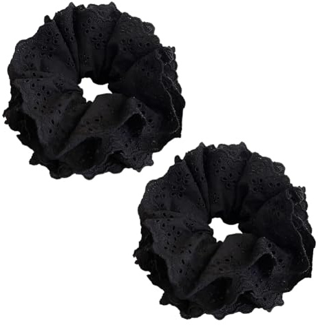 2 Pcs Large Lace Scrunchies Big Ruffle Hair Ties Oversized Ponytail Holders Scrunchy Hair Bands Ropes Vintage Puffy Hair Elastics Embroidery Hair Accessories for Buns Braids Black