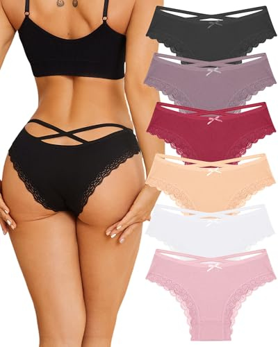 Womens Cotton Underwear Sexy Lace Trim Bikini Ladies Cheeky Panties 6 Pack | Criss Cross Back,Plus Size,S-3XL,Multiple Colors,Daily Wear,Low Rise,Womens Lingerie,Flattering Outfit,Stretch,Breathable