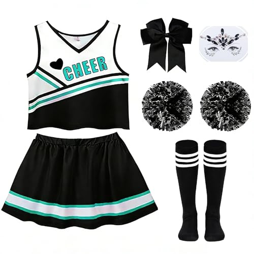 Aitsite Cheerleader Kostüm Kinder, Cheerleadering Outfit Mädchen, Kinderkostüm Cheerleader,Kinder Cheerleader Outfit mit Pompoms Socken für Karneval,Fasching,Mottoparty