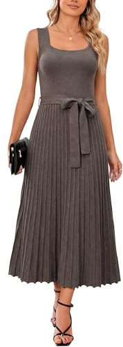 Arach&Cloz Spring Summer Womens Sweater Dress 2026 Sleeveless Square Neck Cashmere Ribbed Knit Tie Waist Pleated A Line Pullover Fashion Belt Flowy Midi Maxi Wedding Guest Outfits Coffee Brown L