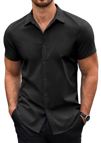 COOFANDY Camisa Hombre Manga Corta Corte Regular Short Sleeve Shirts Casual Business Camisa Verano con Botones Camisas de Vestir Negro L