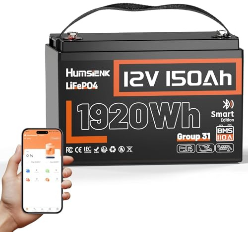 HumsiENK 12V 150Ah LiFePO4 Battery, 1920Wh Group 31, Smart Bluetooth 110A BMS leisure battery, A+ Grade Cells 15000+ Cycles 10 Year Lifespan Deep Cycle for RV Solar Marine Off Grid